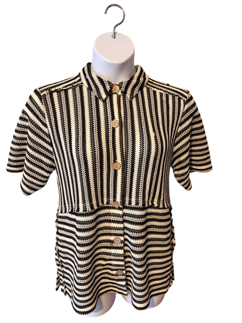 Black and White Striped V-Neck Blouse